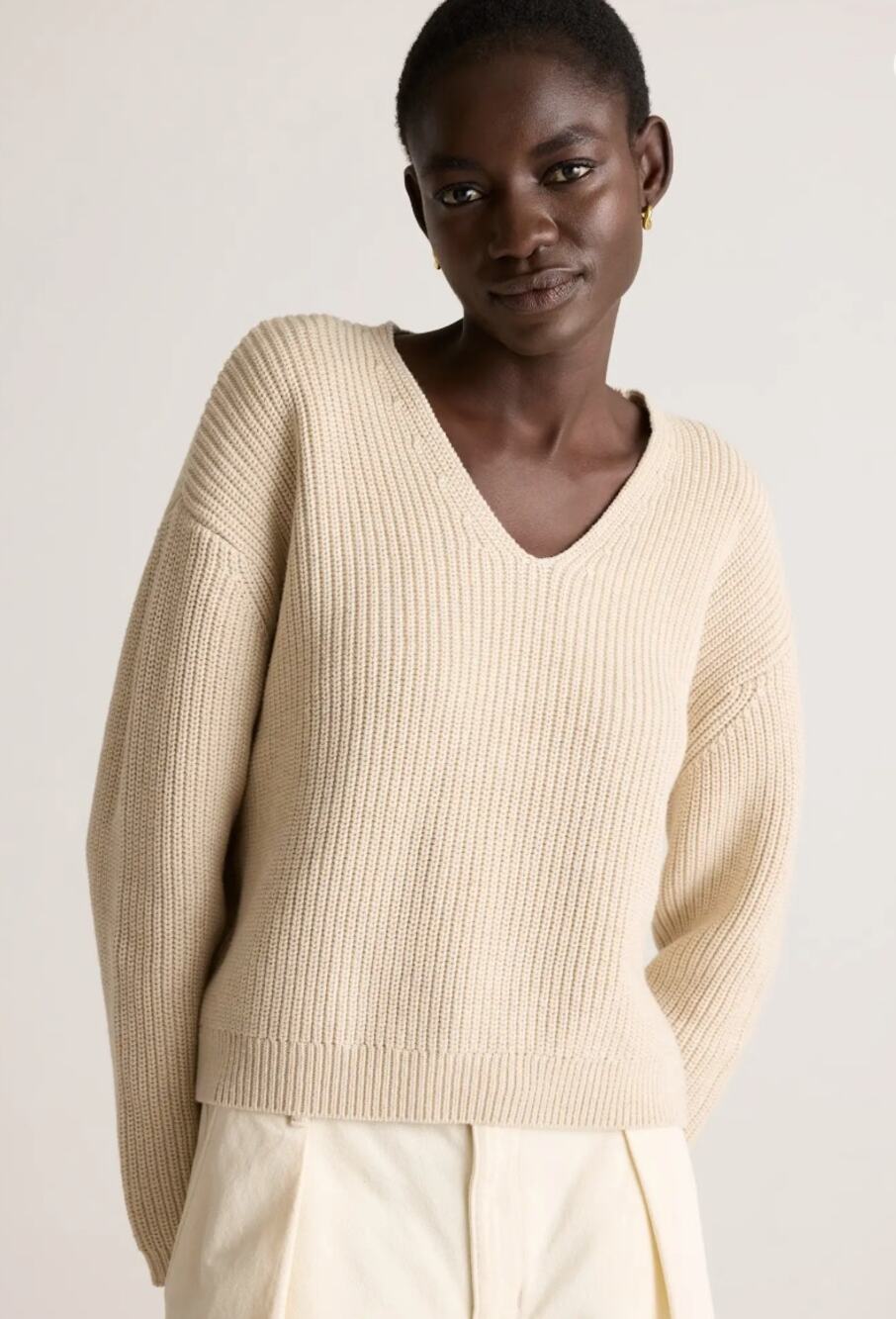 Quince 100% Organic Cotton Granola Fisherman V-neck Sweater Speckled Beige M